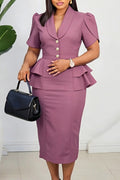 Shawl Lapel Puff Sleeve Ruffle Solid Color Bodycon Formal Midi Dresses-Pink