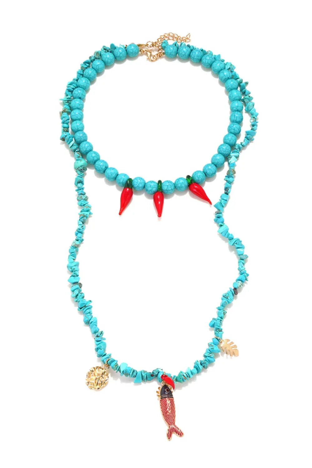Stacked Turquoise Beaded Chili Fish Pendant Double-Layer Necklace