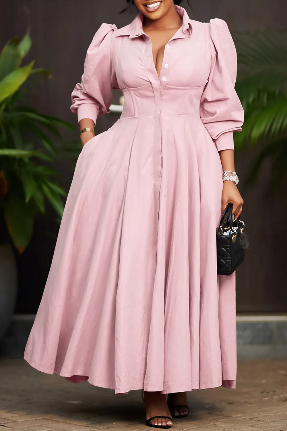 Collar Long Sleeve Cinch Waist Solid Color Maxi Shirt Dresses-Pink