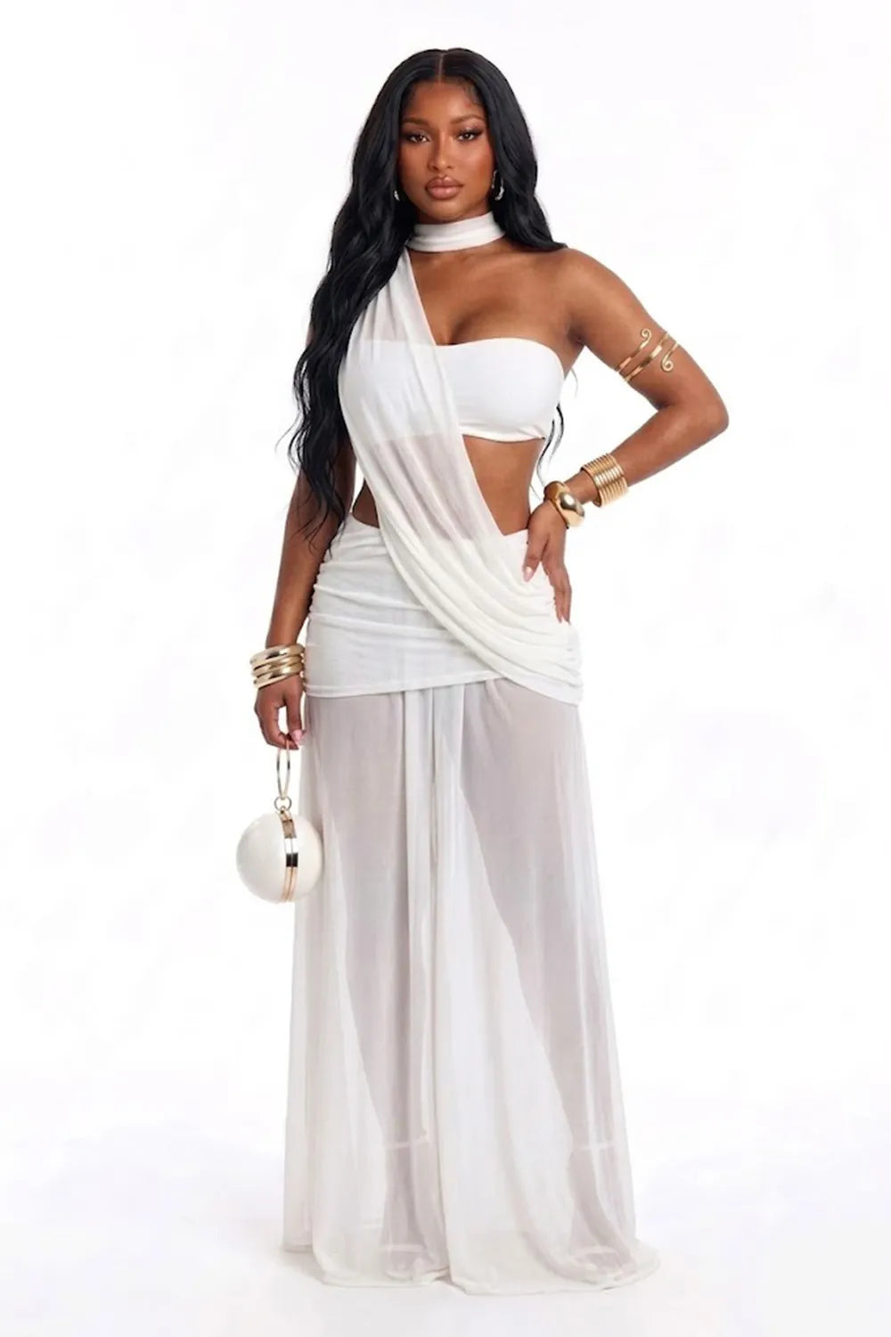 Plain Tube Top Halter Neck See Through Mesh Waist Ruched Maxi Dresses-Black