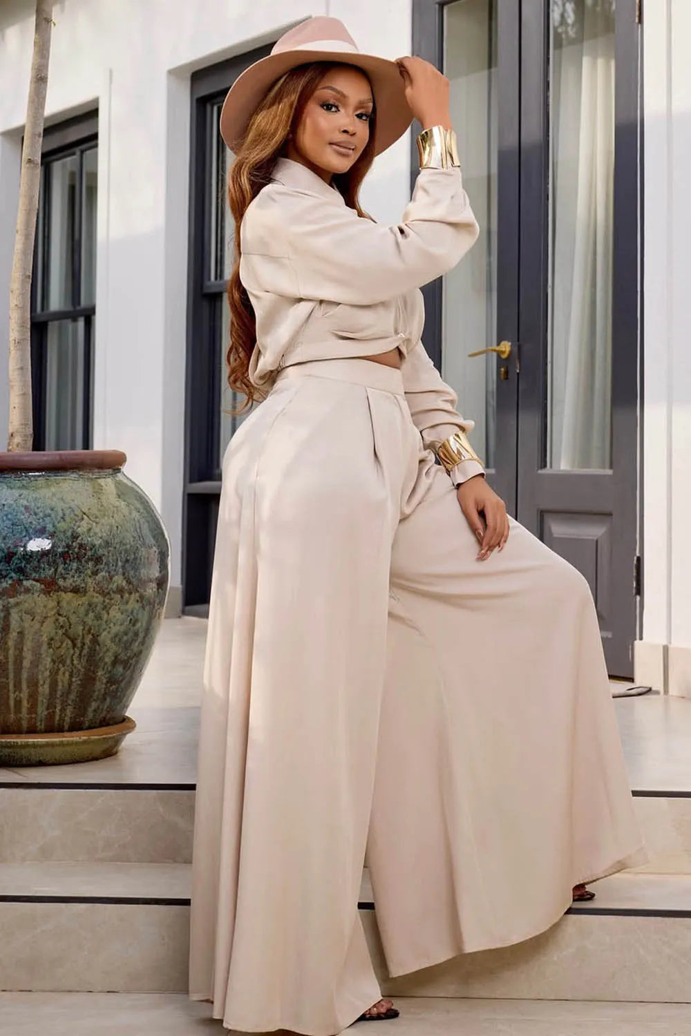 Shirt Collar Knot Hem Top Wide Leg Pants Casual 2pcs Set-Gray