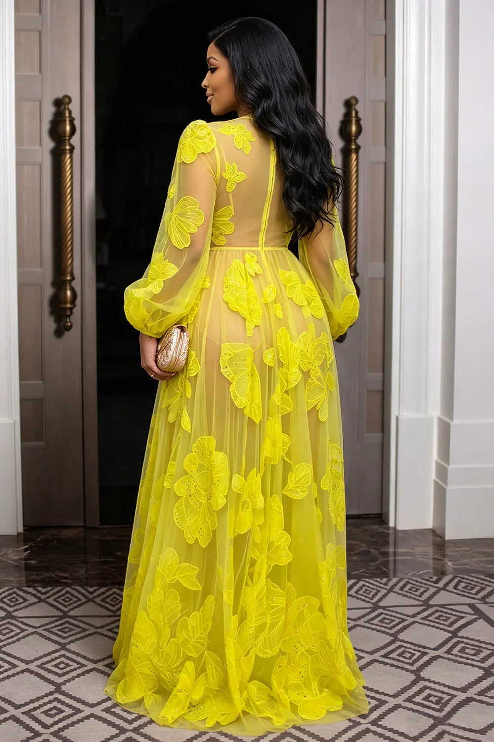 Floral See Through Mesh Long Sleeve Gowns Maxi Dresses-Yellow