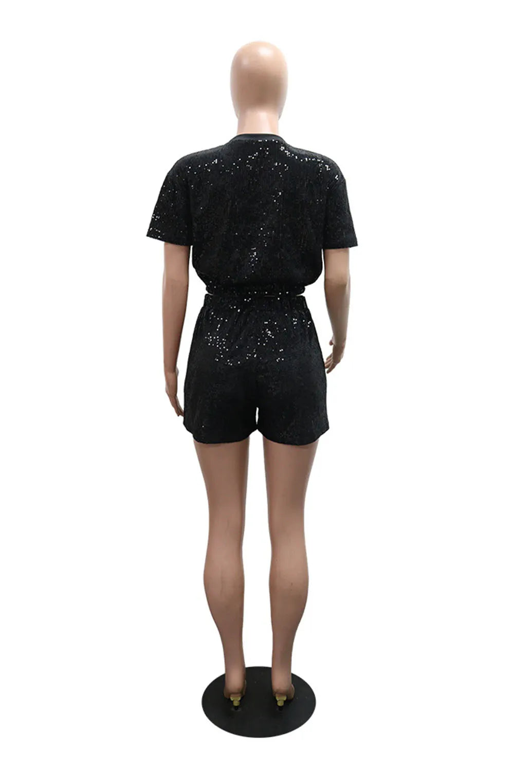 Letter Print Sequin Round Neck Crop T-Shirt Shorts Casual 2pcs Set-Black