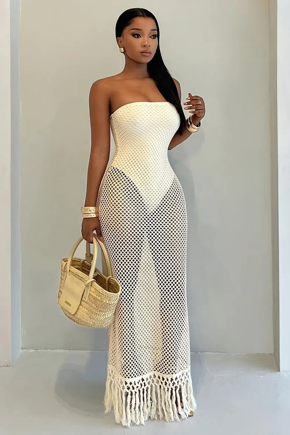Strapless Bodysuit Slim Fringe Crochet Maxi Skirt Vacation 2pcs Set-Apricot