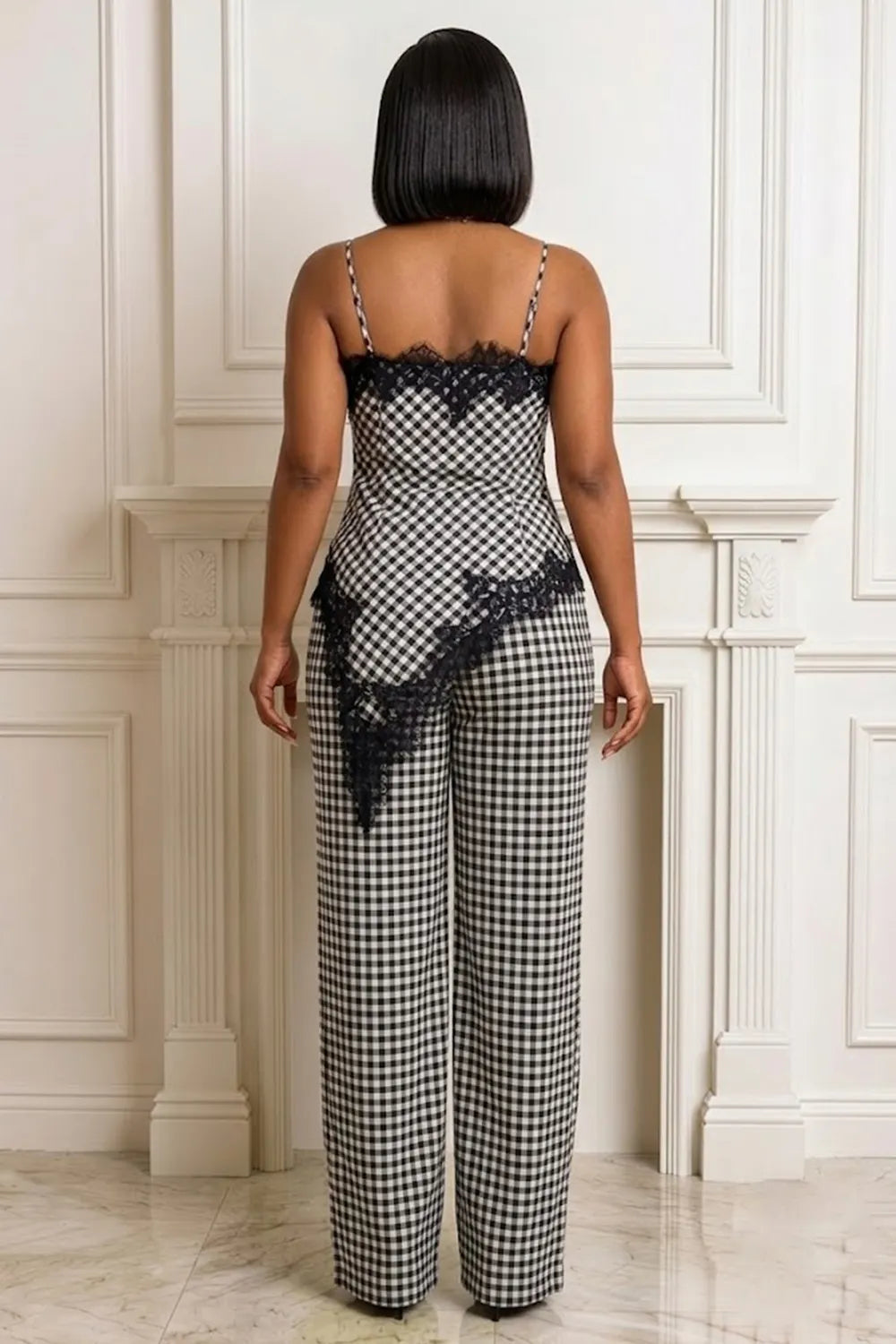 Plaid Print Lace Trim Irregular Hem Cami Top Wide Leg Pants 2pcs Set-Black
