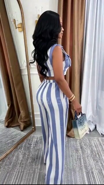 Striped  Collar Sleeveless Top Pants Casual 2pcs Set-Blue