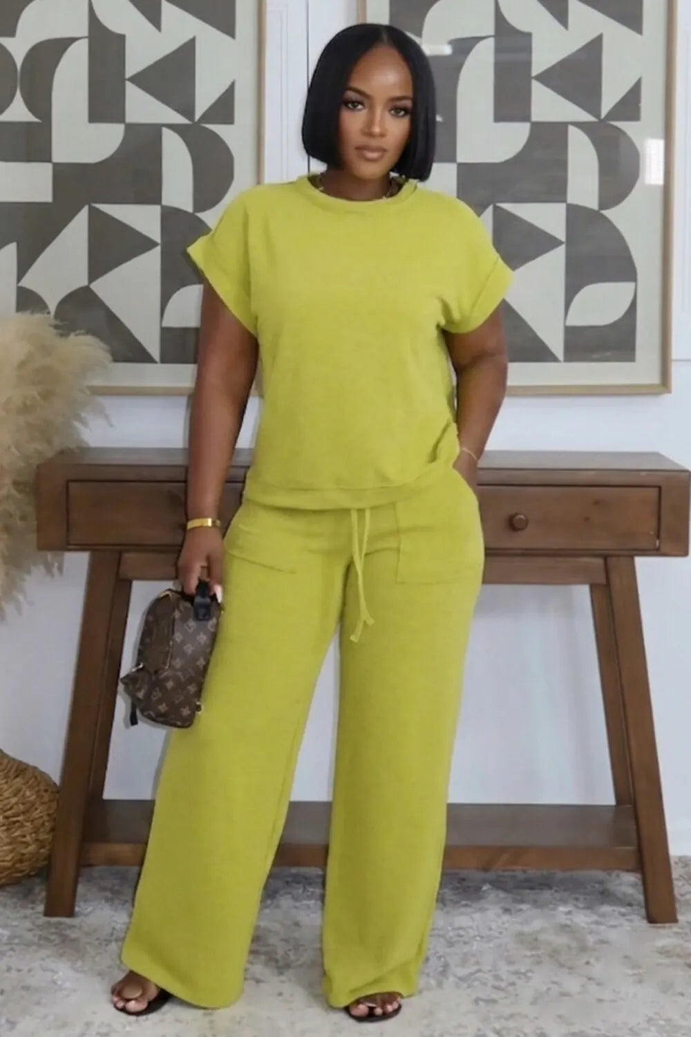 Round Neck Top Drawstring Wide Leg Pants Casual 2pcs Set-Green