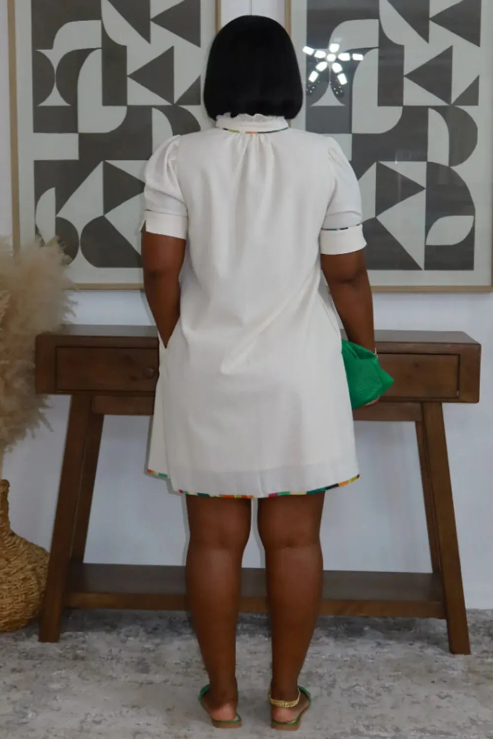 Contrast V Neck Single Breasted Loose Fit Mini Dresses-White