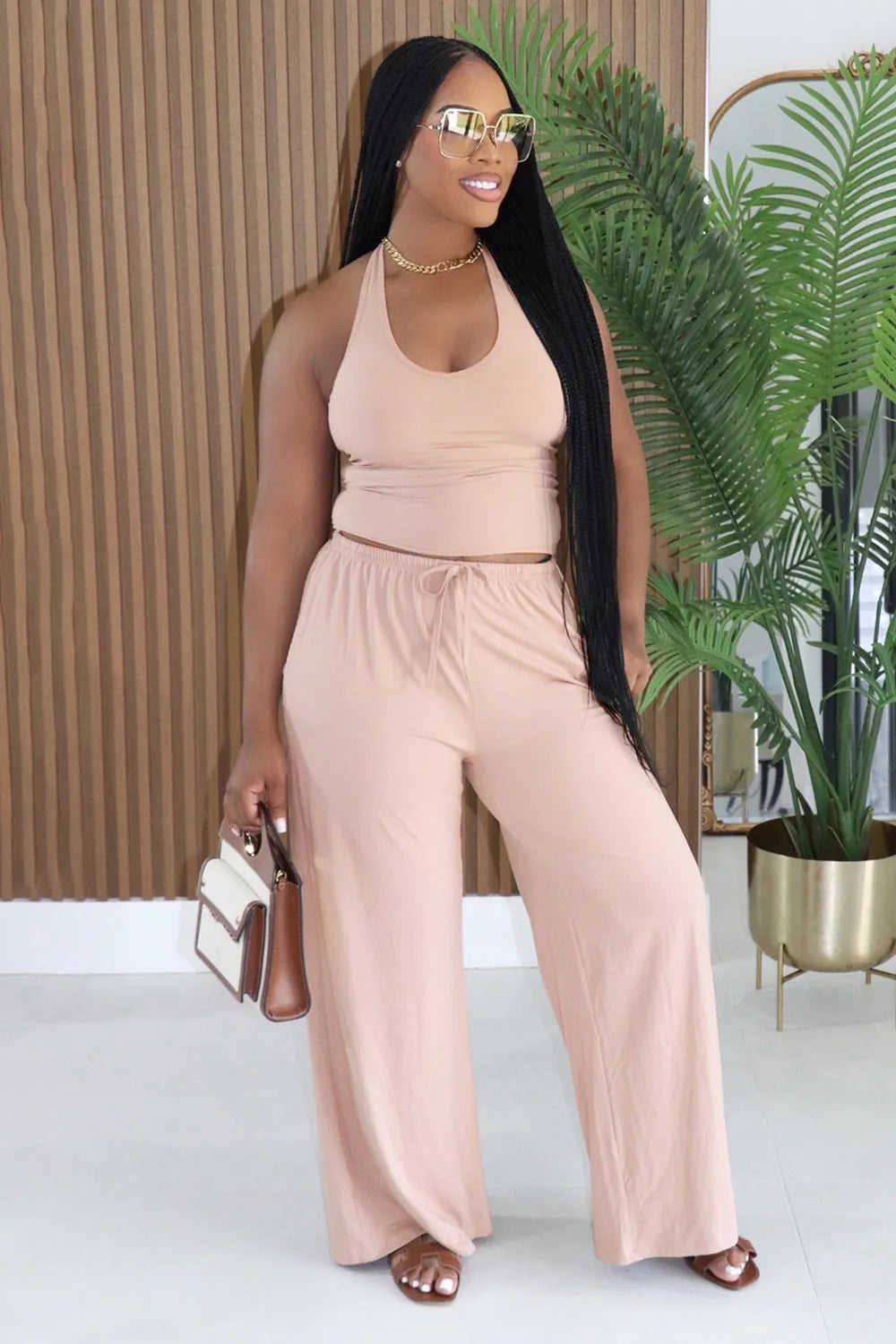 Halter Tank Top High Waist Pocket Drawstring Wide Leg Pants 2pcs Set-White