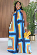 Halter Sleeveless Geometric Print Wide Leg Casual Jumpsuit-Navy