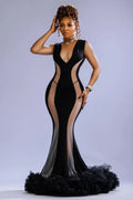 Deep V Neck Mesh Patchwork Ruffle Fluffy Hem Maxi Dresses-Black