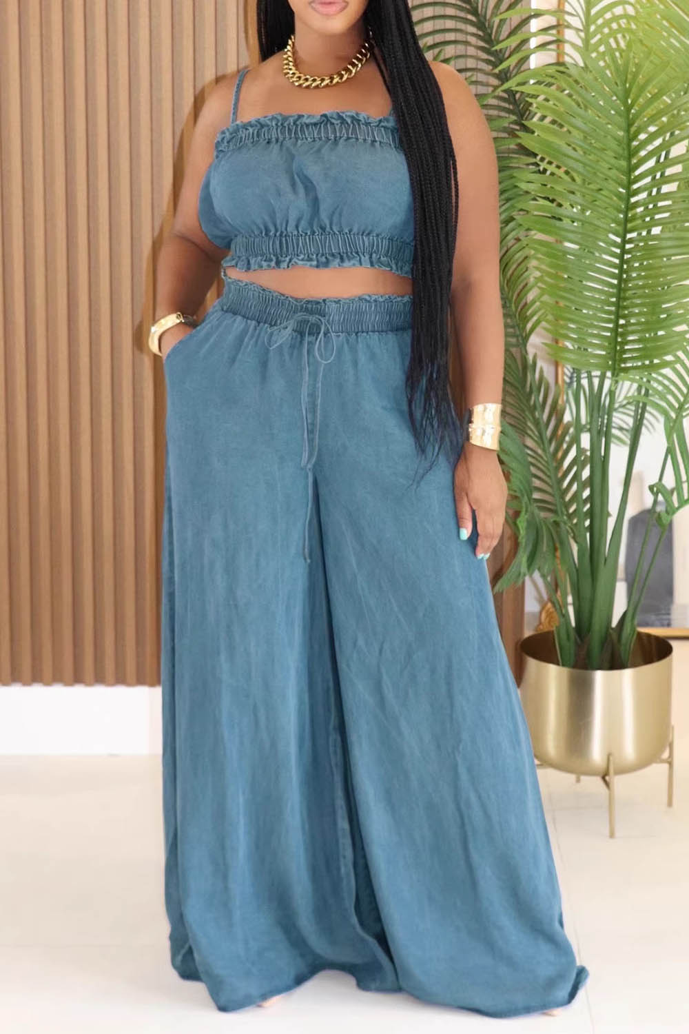 Ruffle Trim Denim Cami Neck Crop Top Wide Leg Pants Casual 2pcs Set-Blue