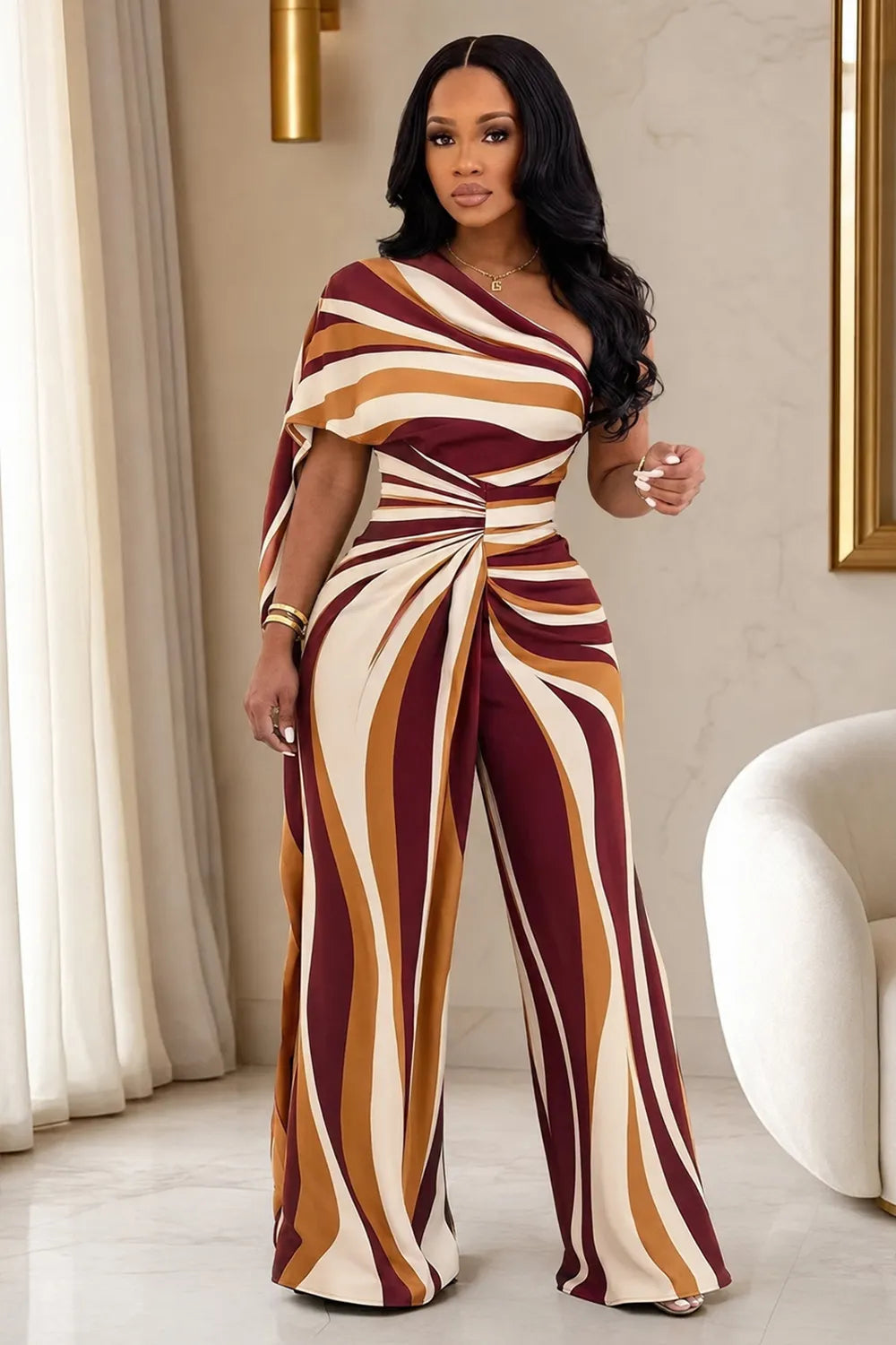 Colorblock Oblique Collar Cinch Waist Wide Leg Jumpsuit-Burgundy