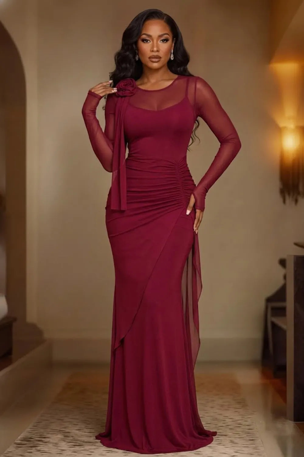 Round Neck 3D Floral Decor Long Sleeve Ruched Gowns Maxi Dresses-Fuchsia