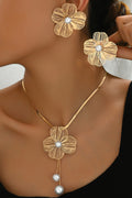 Metallic Hollow Out Floral Inlaid Pearl Necklace Earrings Jewelry Set