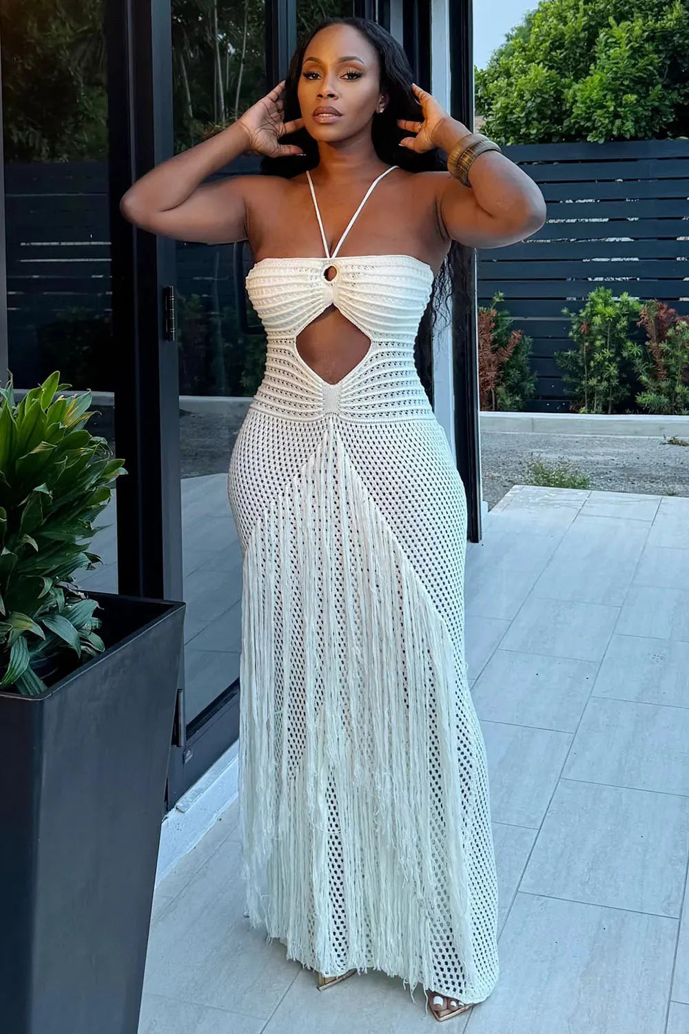 Halter Textured Knit Cutout Fringe Vacation Maxi Dresses-White