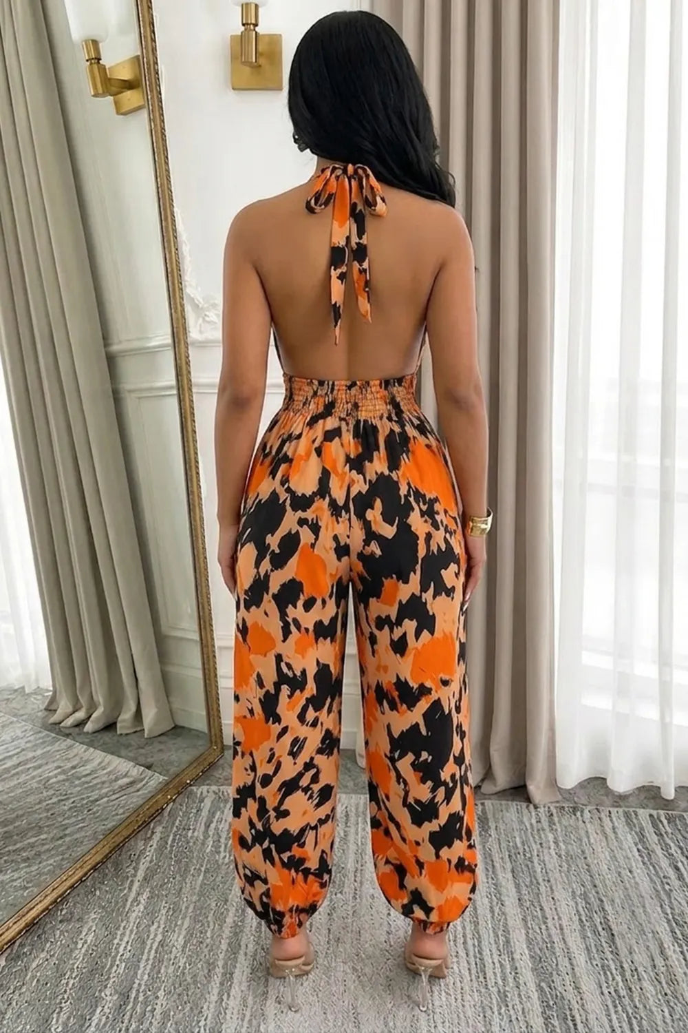 Halter Neck All Over Print Cinch Waist Loose Fit Vacation Jumpsuit