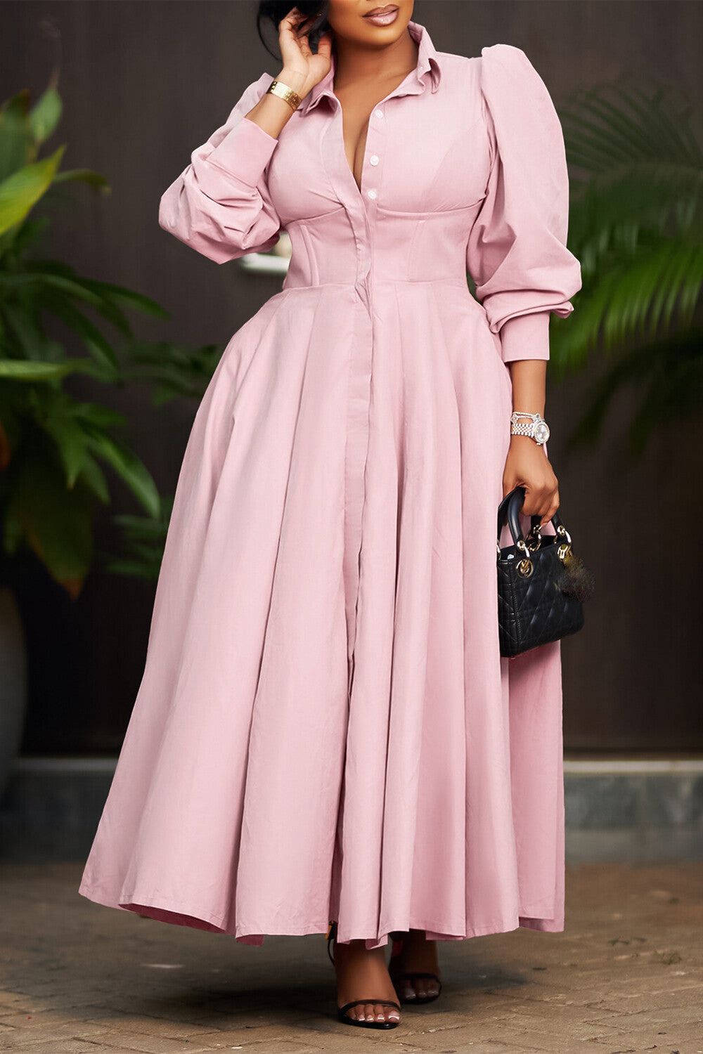Collar Long Sleeve Cinch Waist Solid Color Maxi Shirt Dresses-Pink