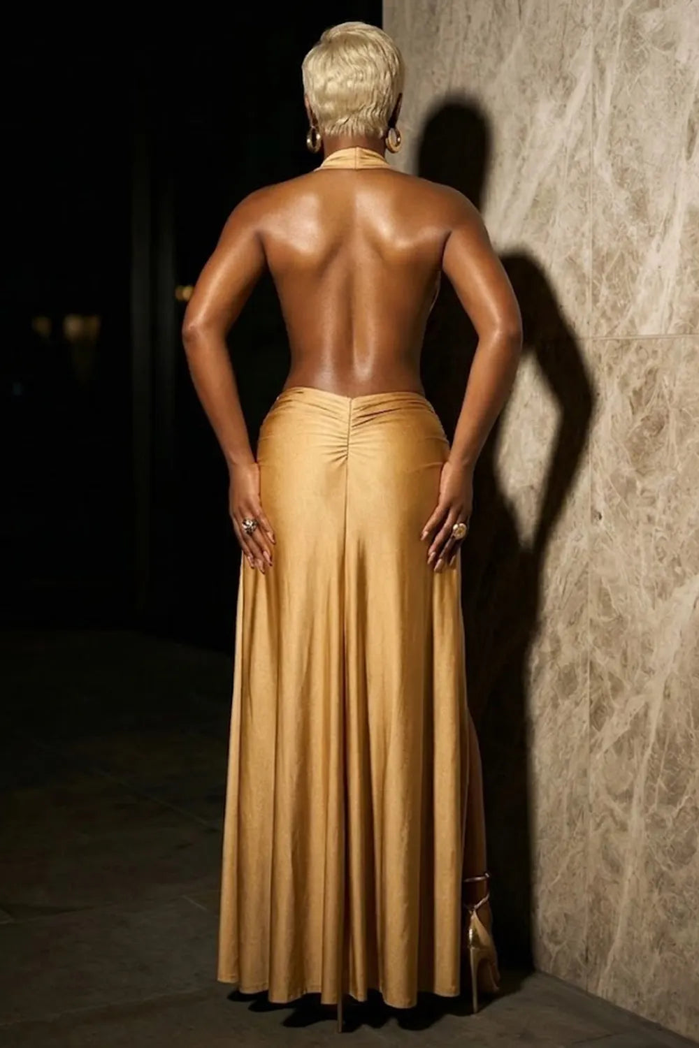 Halter Plunge Neck Cut Out Sash High Slit Maxi Dresses-Gold