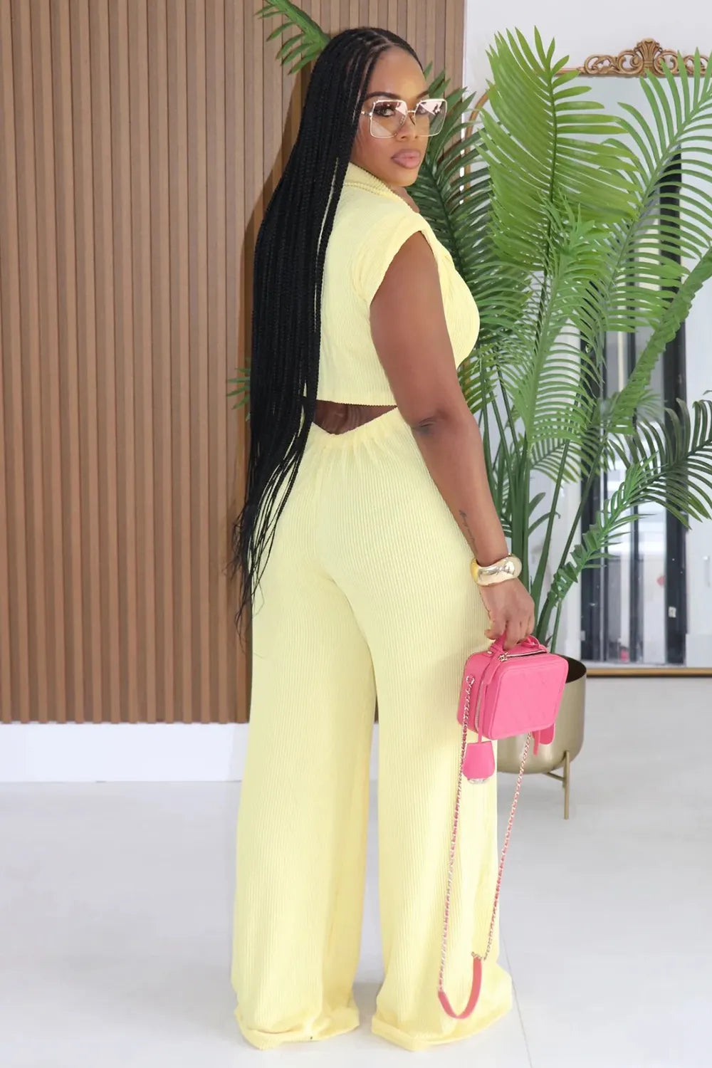 Notched Lapel Single Breasted Cap Sleeve Casual Jumpsuit-Yellow