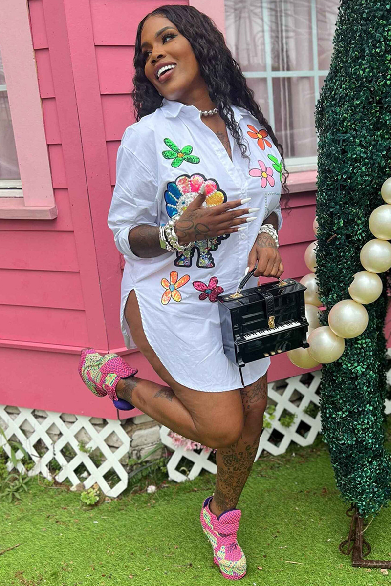 Floral Pattern  Collar Button Up Blouse Mini Dresses-White
