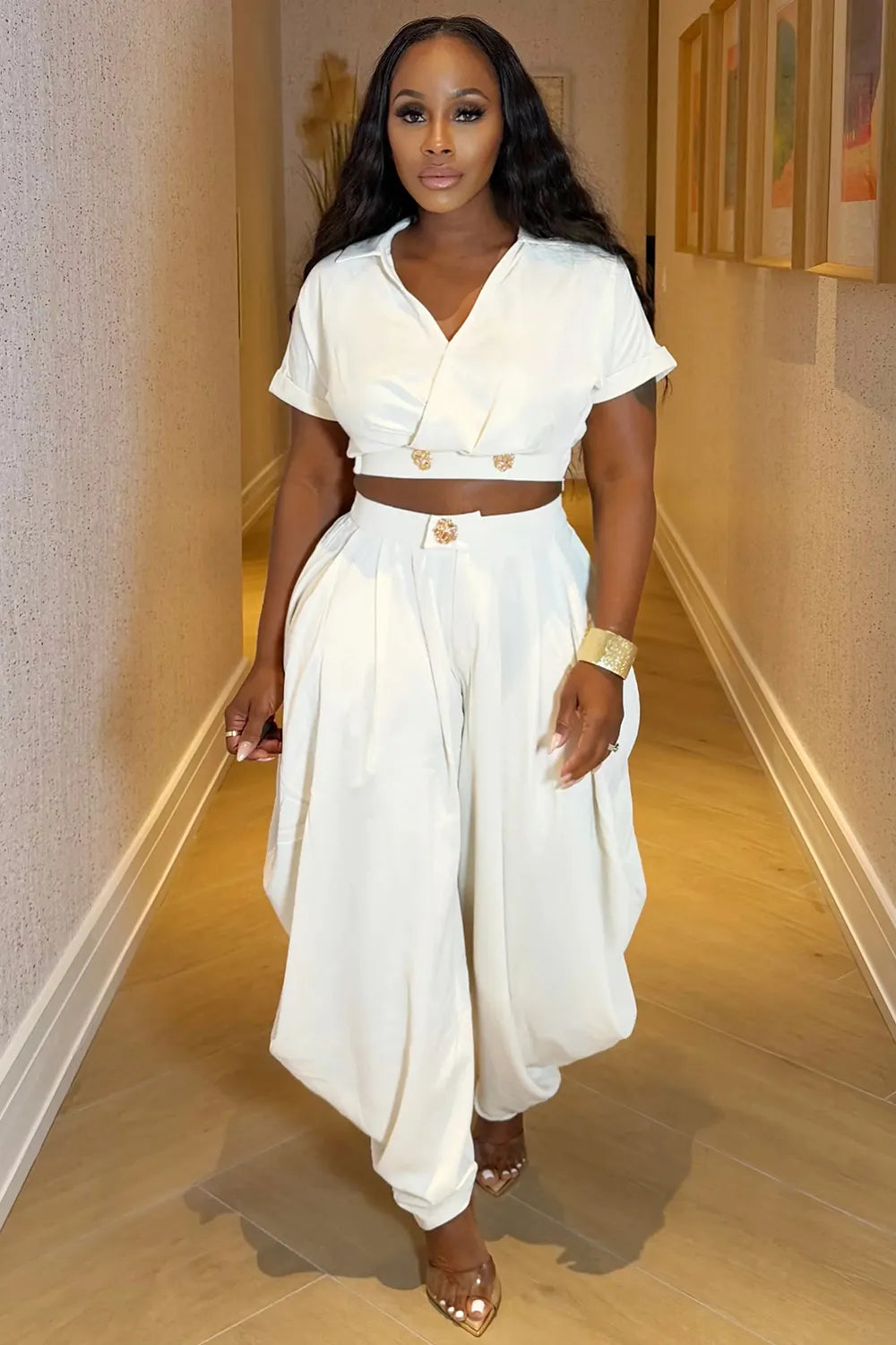 V Neck Short Sleeve Metal Decor Top Harem Pants 2pcs Set-White