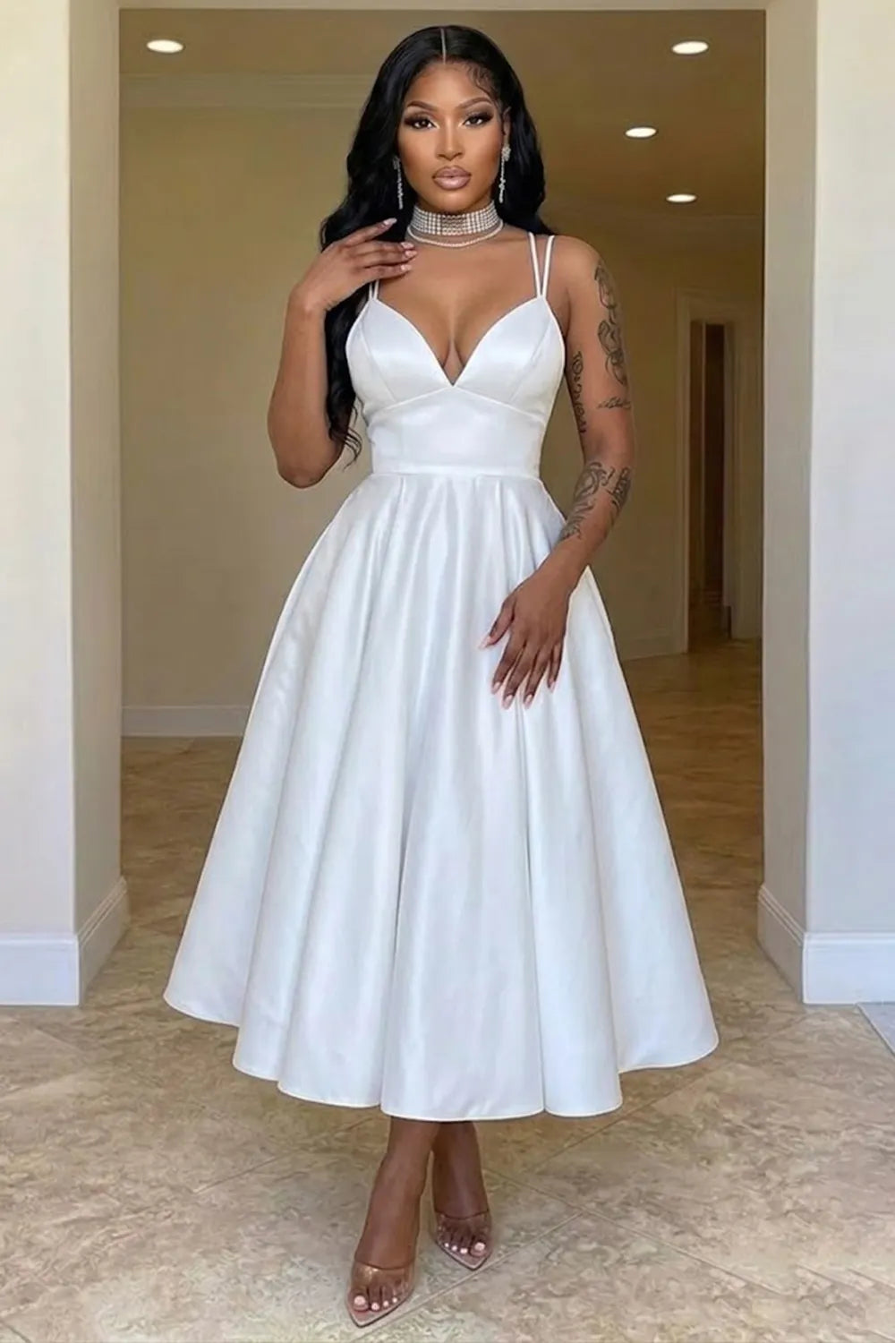 Spaghetti Strap Sweetheart Neck Cinch Waist A-Line Party Midi Dresses-White
