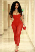 Spaghetti Strap Cinch Waist Semi-Sheer Mesh Bodycon Jumpsuit-Red