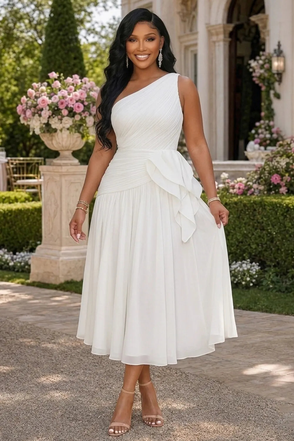 One Shoulder Ruched Ruffle Hem A-Line Wedding Midi Dresses-White