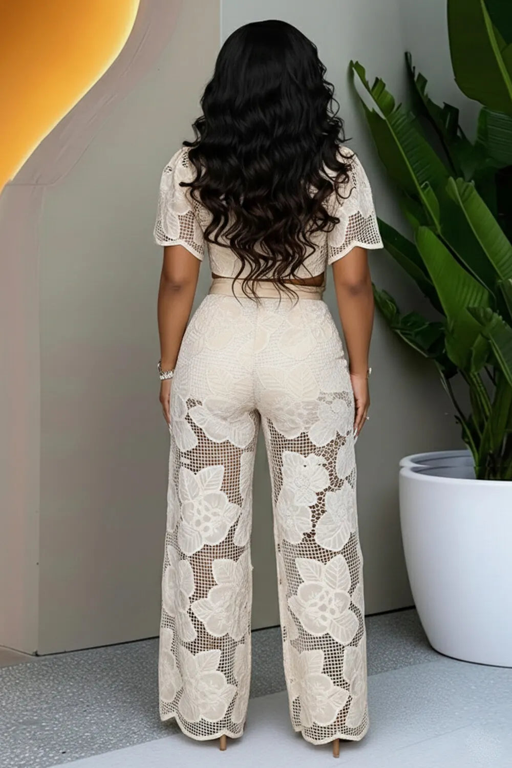 Collar Crop Top Wide Leg Pants Casual 2pcs Set-Beige