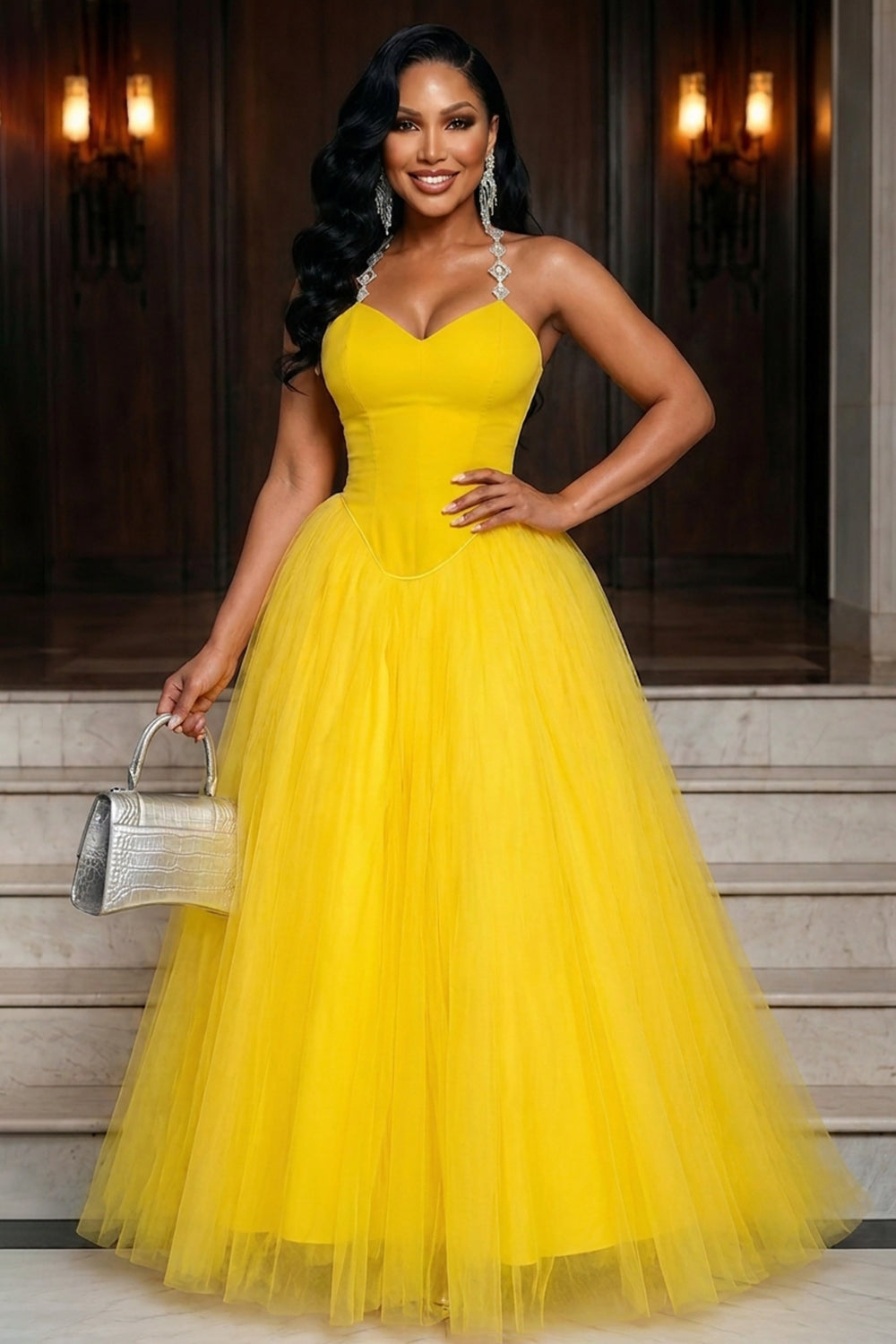 Halter Neck Cinch Waist Back Lace-Up A-Line Maxi Dresses-Yellow
