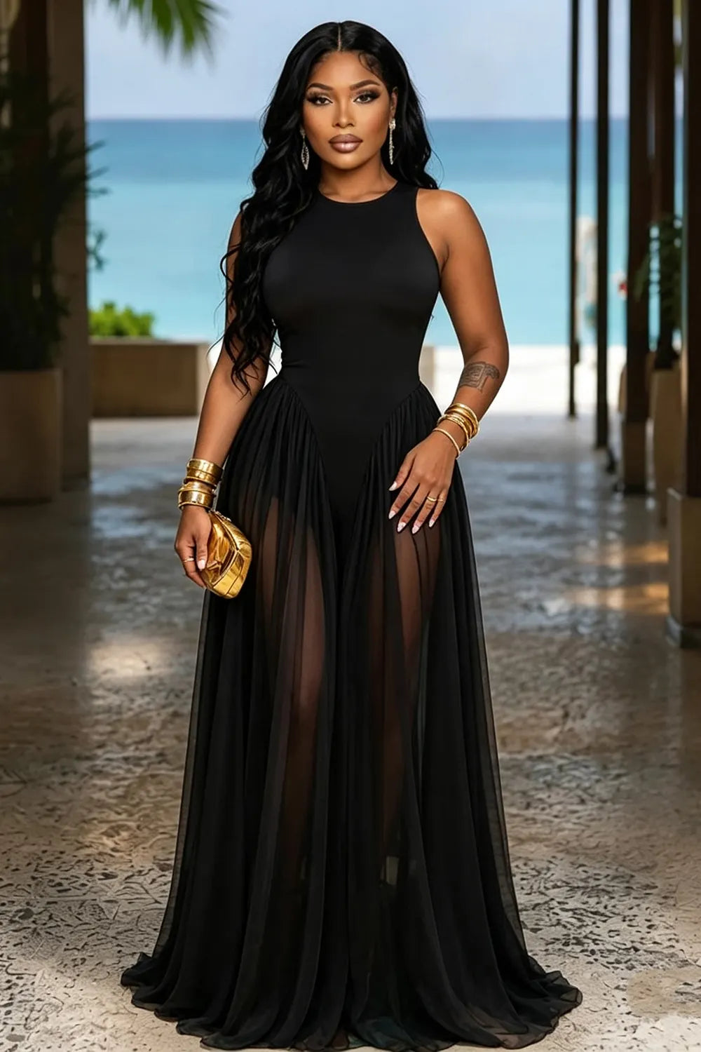 Round Neck Sleeveless Mesh Patchwork Cinch Waist Vacation Maxi Dresses-Green