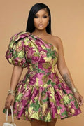 One Shoulder Ruched Cinch Waist A-Line Mini Dresses