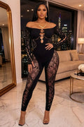 Off Shoulder Lace Hollow Out Long Sleeve Slim Fit Jumpsuit-Black