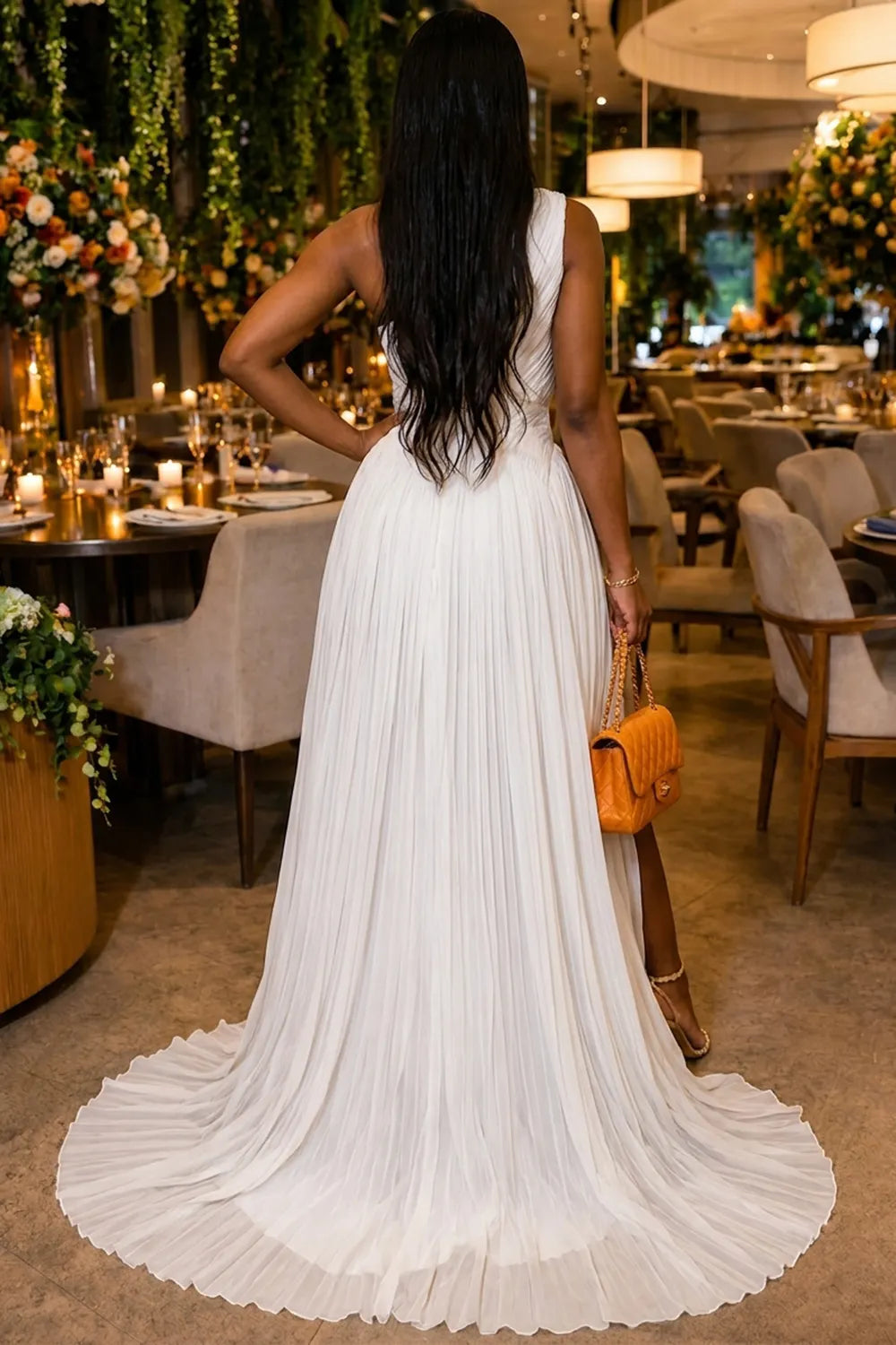 One Shoulder Pleated Slit Evening Gowns Maxi Dresses-White