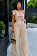 Ruffle Trim Single Shoulder Wide Leg Casual Jumpsuit-Apricot