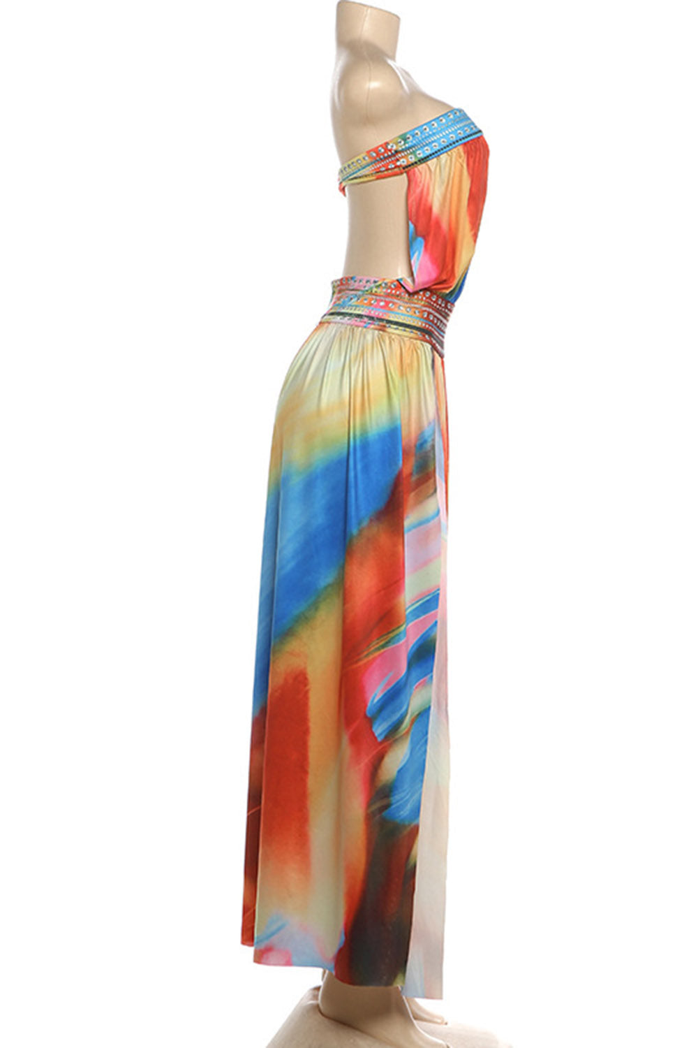 Tie Dye Print Strapless Cut Out High Slit Vacation Maxi Dresses