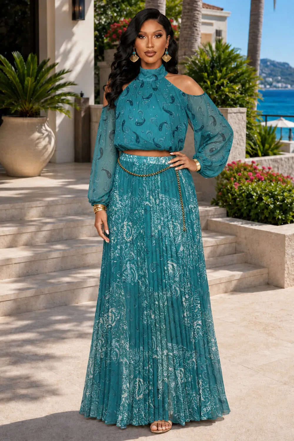 Paisley Print Cold Shoulder Blouse Chain Pleated Maxi Skirt 2pcs Set-Burgundy