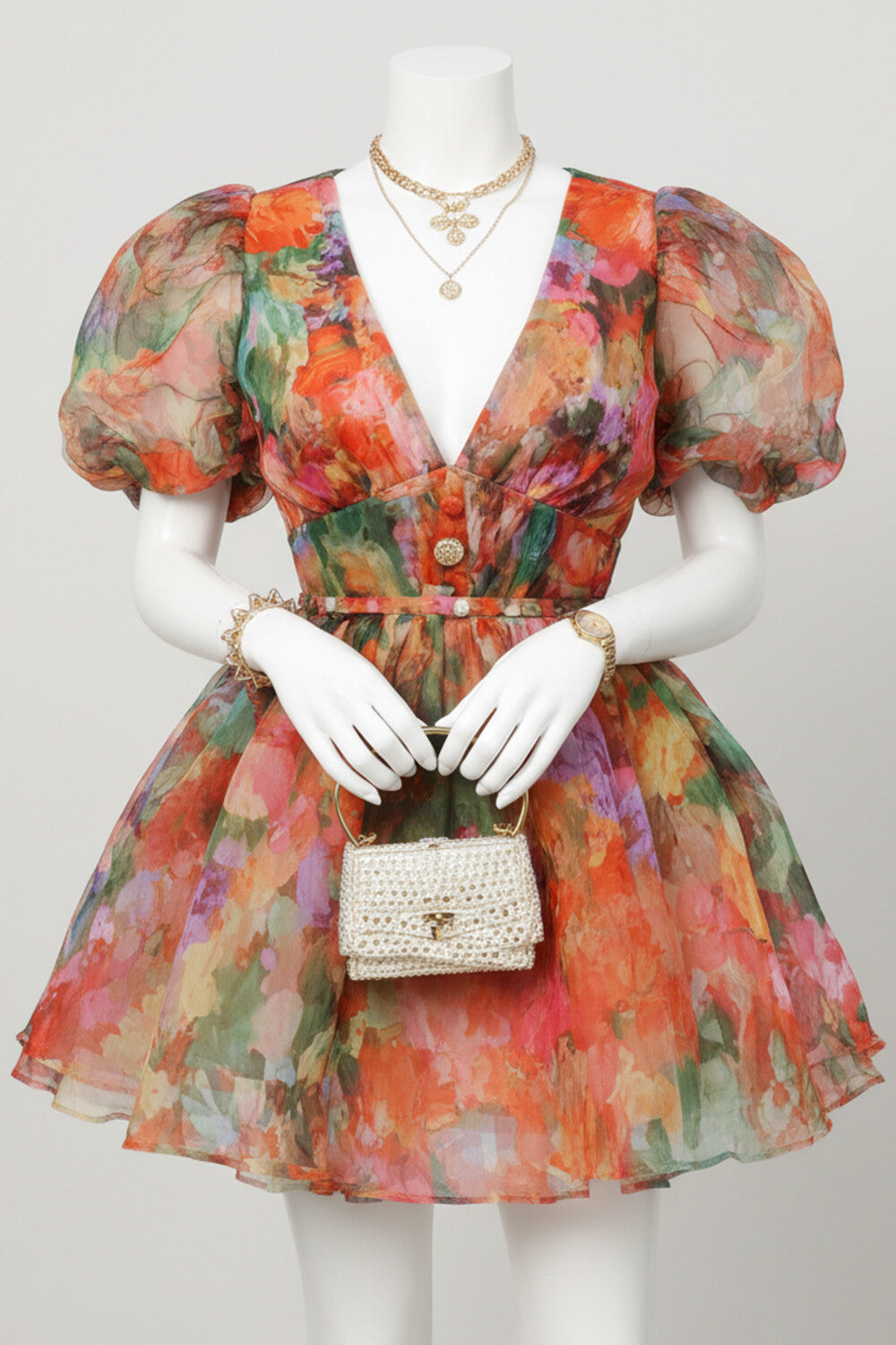 Deep V Neck Puff Sleeve Floral A-Line Mini Dresses