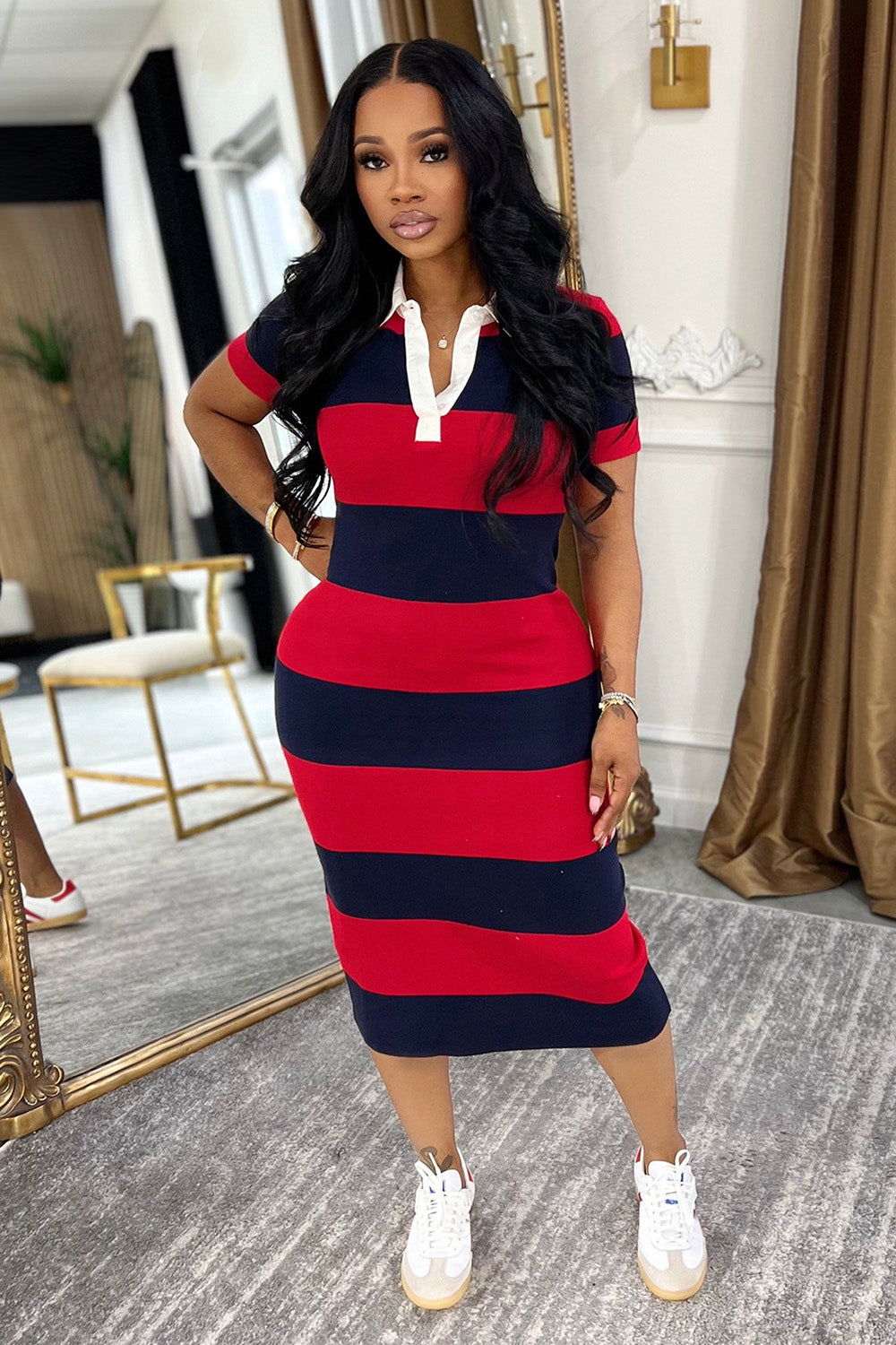 Contrast Stripe Polo Neck Short Sleeve Slim Bodycon Casual Midi Dresses-Black