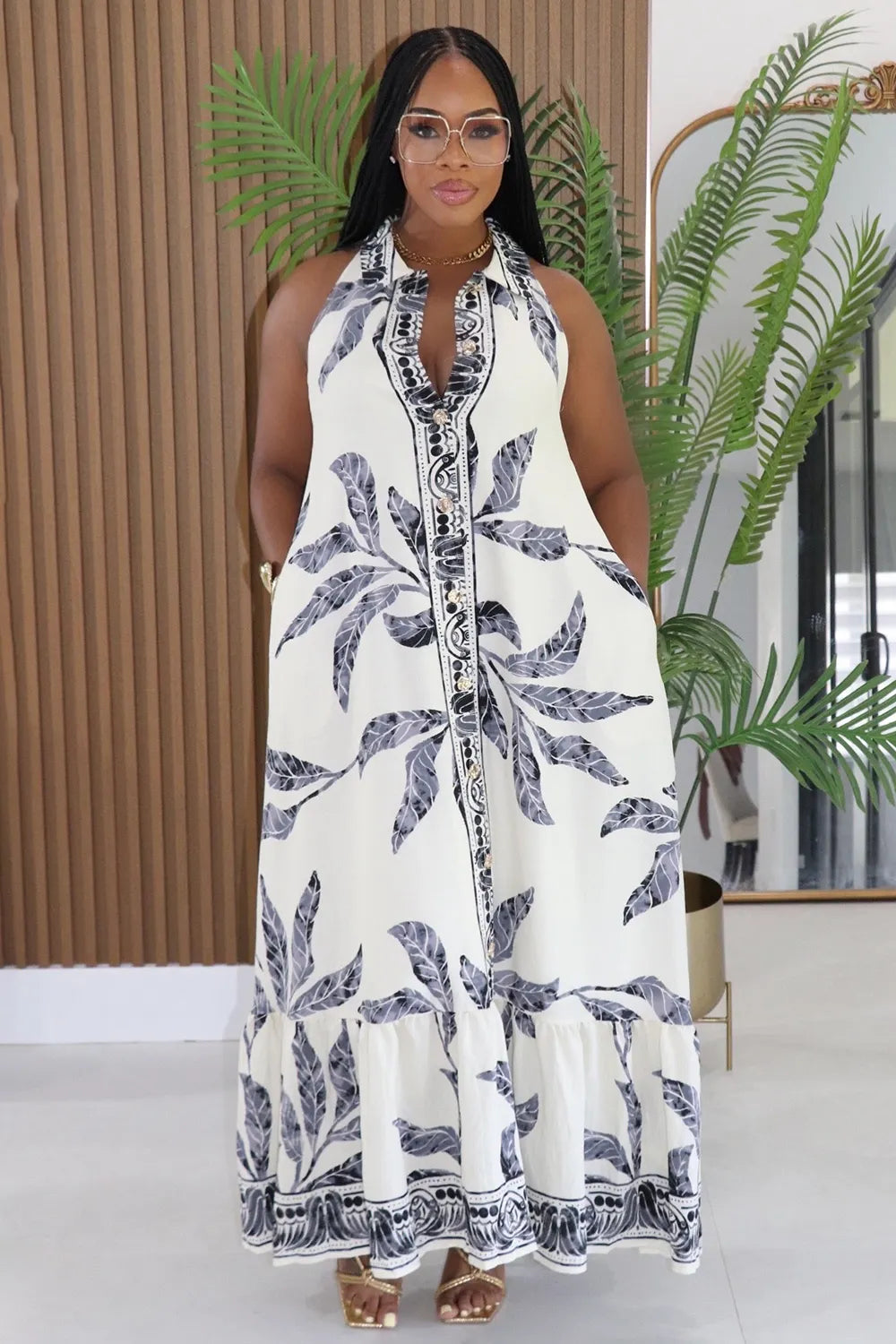 Floral V Neck Sleeveless Button Loose Fit Maxi Dresses-White