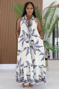 Floral V Neck Sleeveless Button Loose Fit Maxi Dresses-White