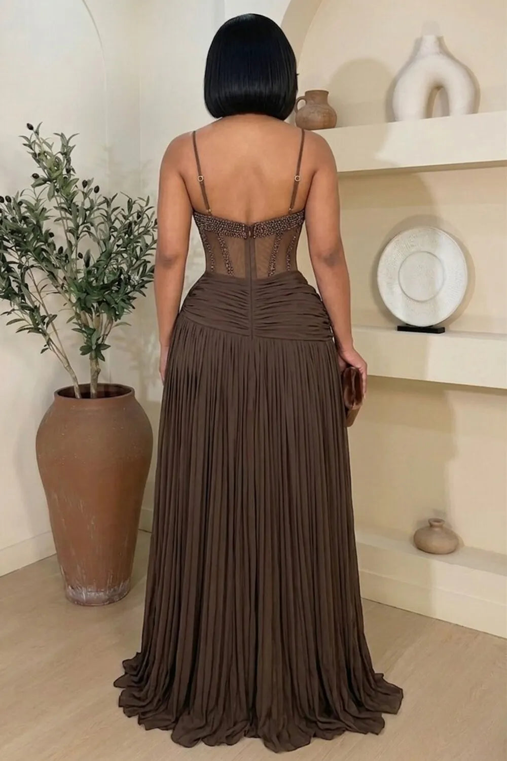 Cami Neck Rhinestone Mesh Patchwork Ruched Maxi Dresses-Brown