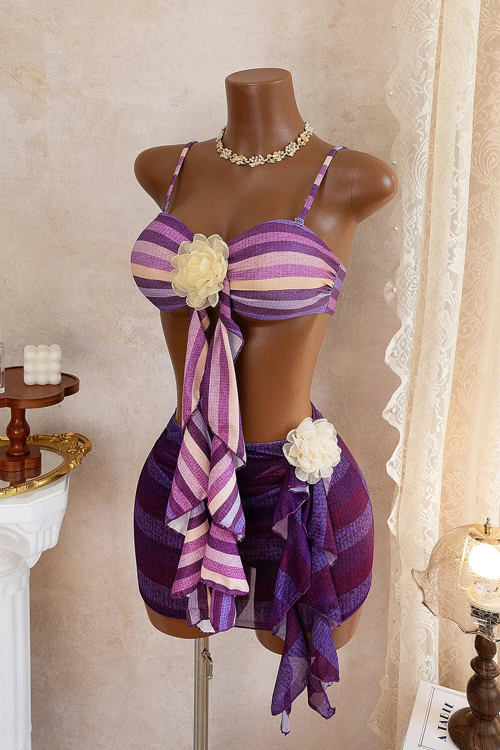 3D Flower Decor Sash Striped Cami Bikini Mini Skirt Swimsuit 3pcs Set-Purple