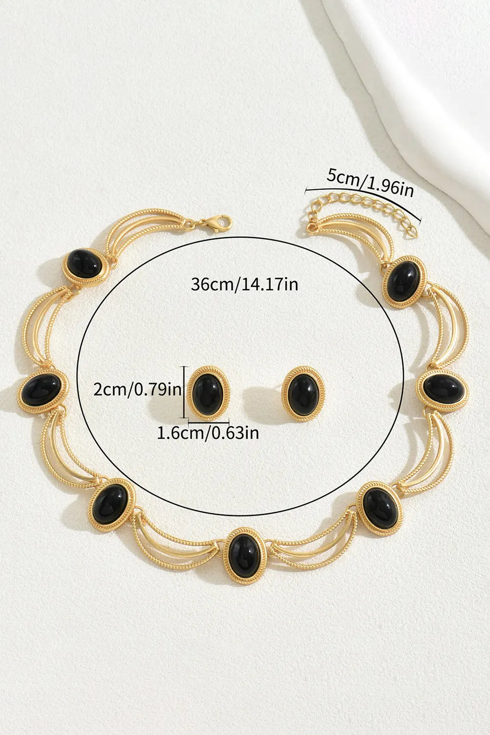 Retro Inlaid Oval Gemstone Stud Earrings Choker Necklace Two Piece Set