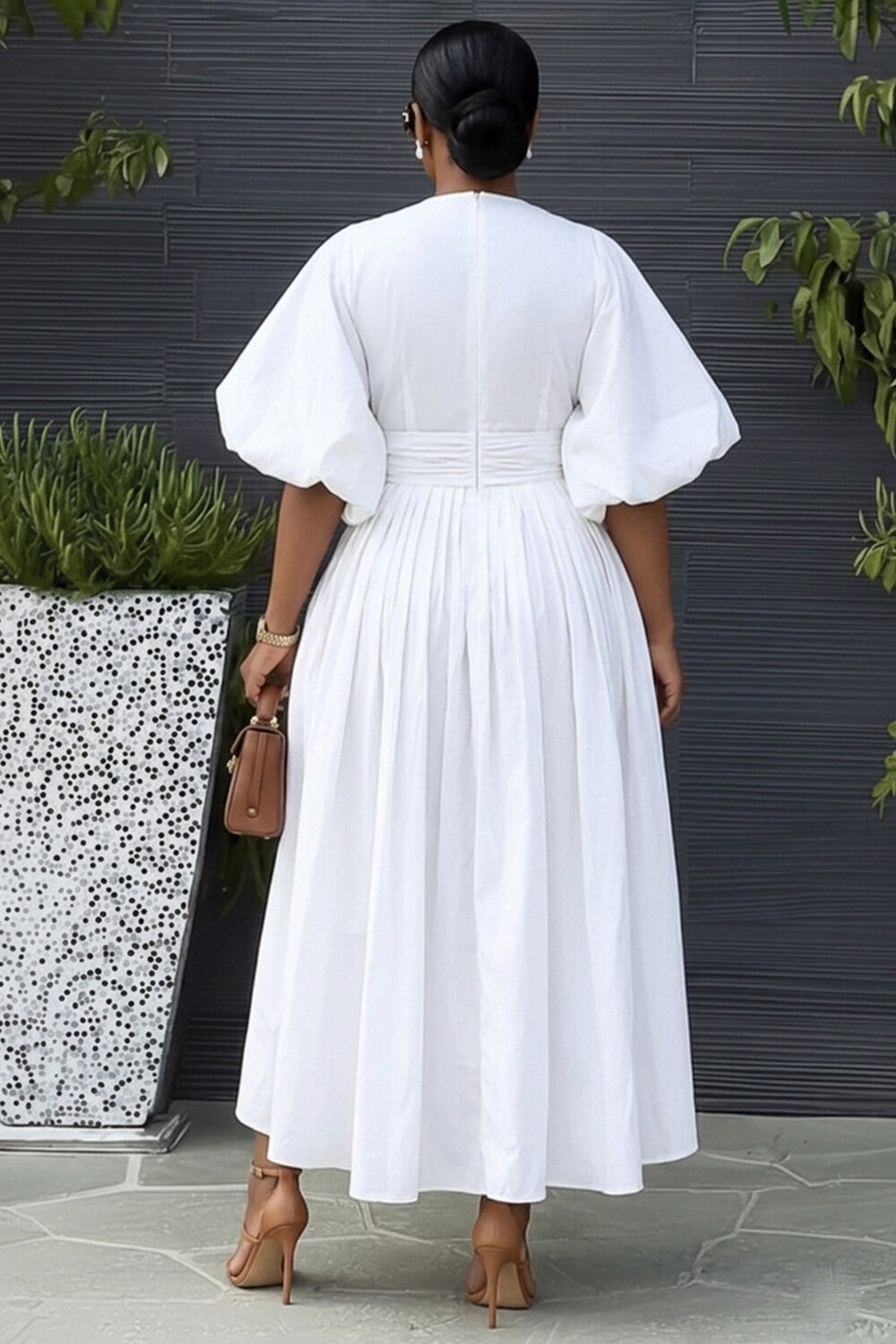 Deep V Neck Balloon Sleeve Cinch Waist Casual Maxi Dresses-White