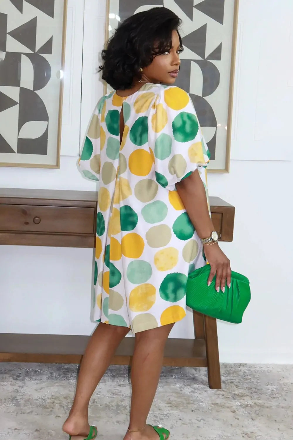 All Over Print Puff Sleeve Loose Fit Mini Dresses