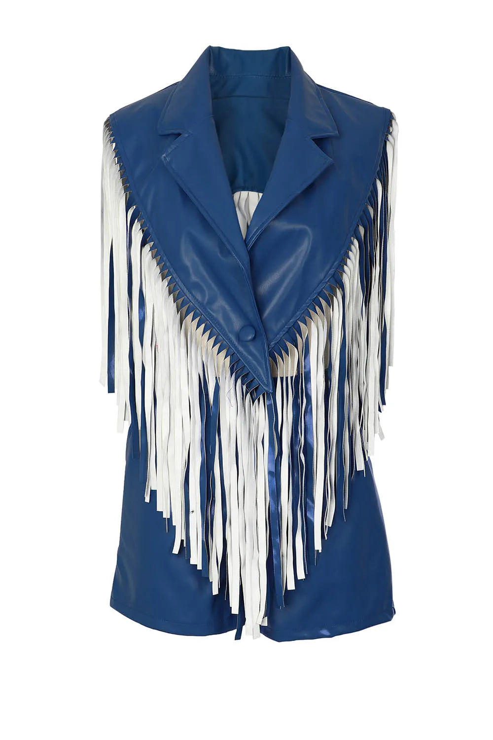 Notched Lapel Fringe Patchwork Vest Shorts Leather Party 2pcs Set-Black