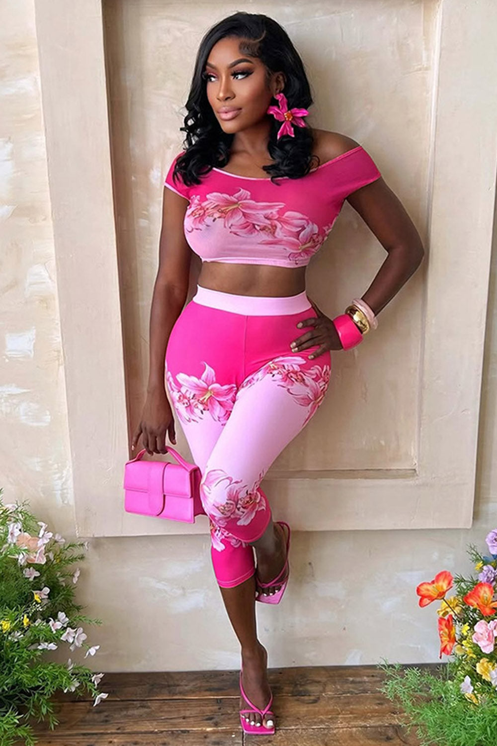 Floral Print Dropped Shoulder Crop Top High Waist Capri Pants 2pcs Set-Orange