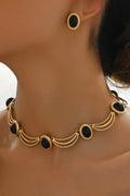 Retro Inlaid Oval Gemstone Stud Earrings Choker Necklace Two Piece Set